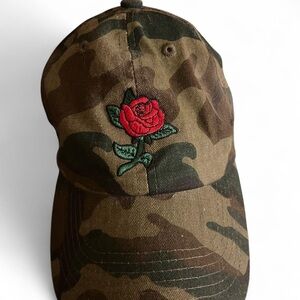 Camouflage Baseball Cap with Red Rose Embroidery